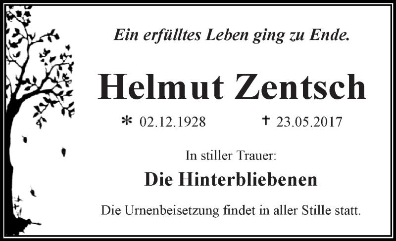  Traueranzeige für Helmut Zentsch vom 27.05.2017 aus WVG - Wochenspiegel Dessau / Köthen