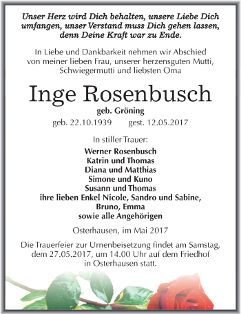 Traueranzeige von Inge Rosenbusch von Mitteldeutsche Zeitung Mansfelder Land