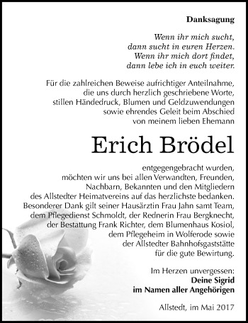 Traueranzeige von Erich Brödel von Mitteldeutsche Zeitung Sangerhausen