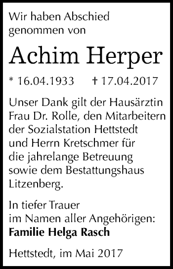 Traueranzeige von Achim Herper von Mitteldeutsche Zeitung Mansfelder Land