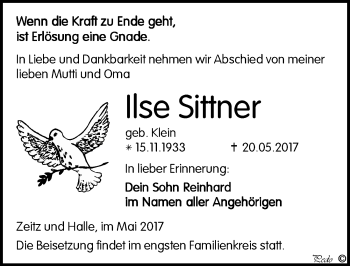 Traueranzeige von Ilse Sittner von Mitteldeutsche Zeitung Zeitz