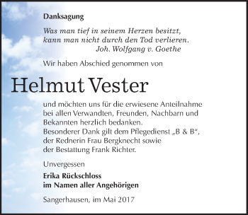 Traueranzeige von Helmut Vester von Mitteldeutsche Zeitung Sangerhausen