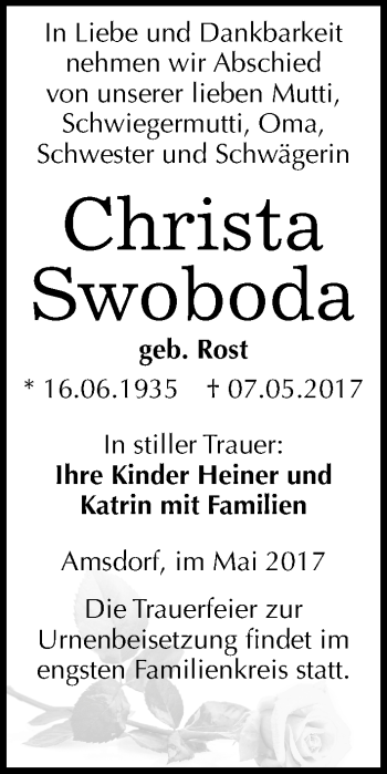 Traueranzeige von Christa Swoboda von Mitteldeutsche Zeitung Mansfelder Land