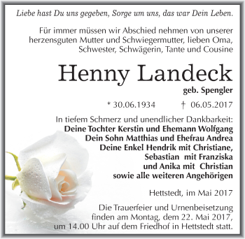 Traueranzeige von Henny Landeck von Mitteldeutsche Zeitung Mansfelder Land