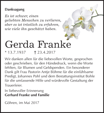 Traueranzeige von Gerda Franke von Mitteldeutsche Zeitung Merseburg/Querfurt