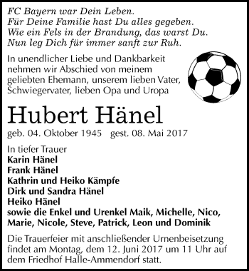 Traueranzeige von Hubert Hänel von Mitteldeutsche Zeitung Halle/Saalkreis