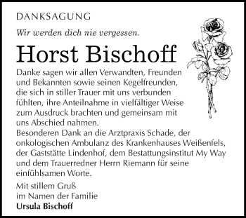 Traueranzeige von Horst Bischoff von WVG - Wochenspiegel NMB / WSF / ZTZ