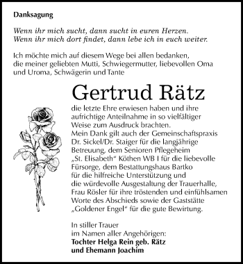 Traueranzeige von Gertrud Rätz von Mitteldeutsche Zeitung Köthen