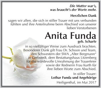 Traueranzeige von Anita Funda von Mitteldeutsche Zeitung Mansfelder Land