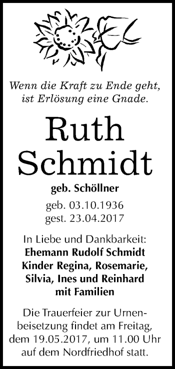 Traueranzeige von Ruth Schmidt von Mitteldeutsche Zeitung Halle/Saalkreis