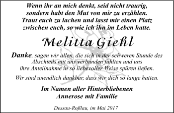 Traueranzeige von Melitta Giehl von Mitteldeutsche Zeitung Dessau-Roßlau