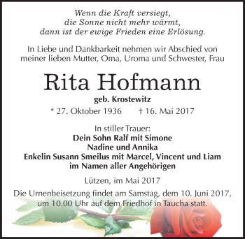 Traueranzeige von Rita Hofmann von Mitteldeutsche Zeitung Weißenfels
