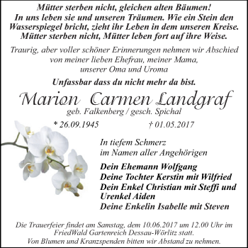 Traueranzeige von Marion Carmen Landgraf von WVG - Wochenspiegel Dessau / Köthen