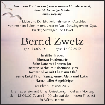 Traueranzeige von Bernd Zwetz von WVG - Wochenspiegel Merseburg