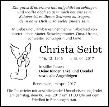 Traueranzeige von Christa Seibt von Mitteldeutsche Zeitung Sangerhausen