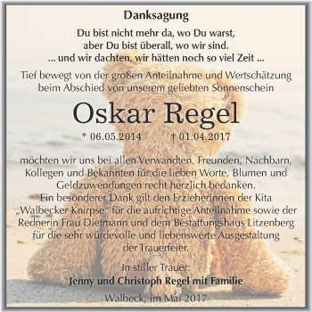 Traueranzeige von Oskar Regel von Wochenspiegel Mansfelder Land