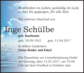 Traueranzeige von Inge Schülbe von Mitteldeutsche Zeitung Mansfelder Land