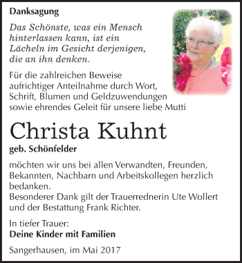 Traueranzeige von Christa Kuhnt von Mitteldeutsche Zeitung Sangerhausen