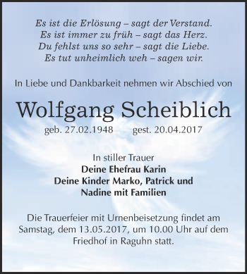 Traueranzeige von Wolfgang Scheiblich von WVG - Wochenspiegel Bitterfeld