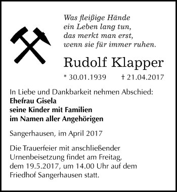 Traueranzeige von Rudolf Klapper von Mitteldeutsche Zeitung Sangerhausen