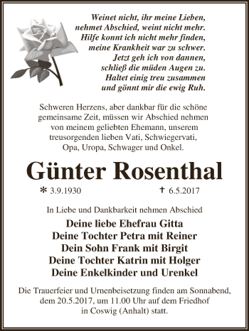 Traueranzeige von Günter Rosenthal von WVG - Wochenspiegel Dessau / Köthen