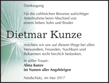 Traueranzeige von Dietmar Kunze von Mitteldeutsche Zeitung Naumburg/Nebra
