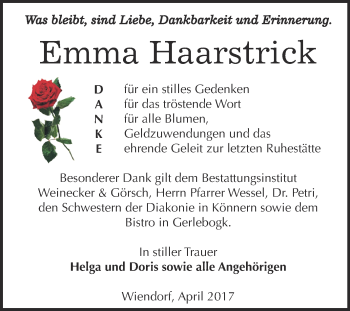 Traueranzeige von Emma Haarstrick von Super Sonntag Bernburg