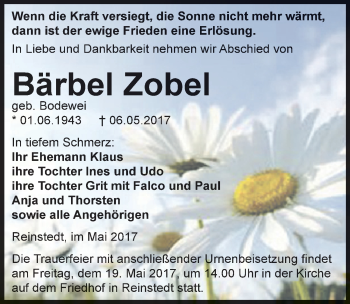 Traueranzeige von Bärbel Zobel von Mitteldeutsche Zeitung Quedlinburg
