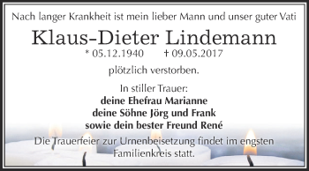 Traueranzeige von Klaus-Dieter Lindemann von Wochenspiegel Mansfelder Land