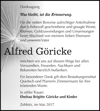 Traueranzeige von Alfred Göricke von WVG - Wochenspiegel Dessau / Köthen
