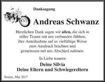 Traueranzeige von Andreas Schwanz von WVG - Wochenspiegel Dessau / Köthen