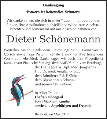 Traueranzeige von Dieter Schönemann von Super Sonntag Bernburg