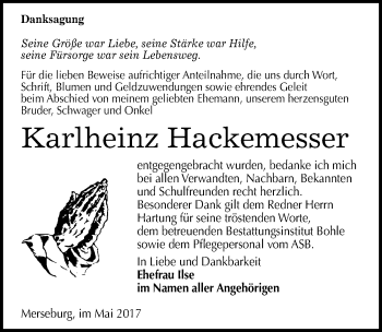Traueranzeige von Karlheinz Hackemesser von Mitteldeutsche Zeitung Merseburg/Querfurt
