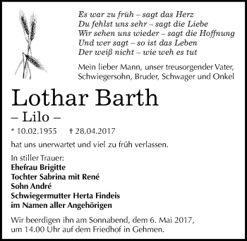 Traueranzeige von Lothar Barth von Mitteldeutsche Zeitung Wittenberg