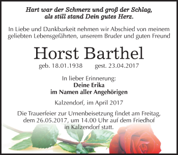 Traueranzeige von Horst Barthel von Mitteldeutsche Zeitung Merseburg/Querfurt
