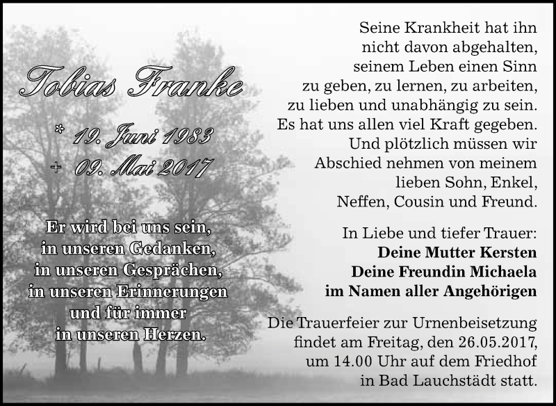  Traueranzeige für Tobias Franke vom 20.05.2017 aus WVG - Wochenspiegel Merseburg