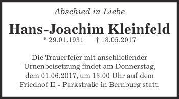Traueranzeige von Hans-Joachim Kleinfeld von Super Sonntag Bernburg
