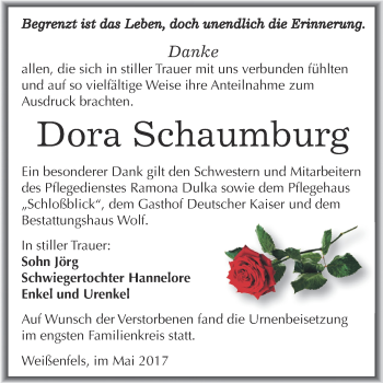 Traueranzeige von Dora Schaumburg von WVG - Wochenspiegel NMB / WSF / ZTZ