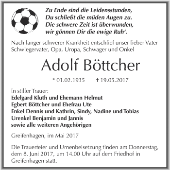 Traueranzeige von Adolf Böttcher von Wochenspiegel Mansfelder Land