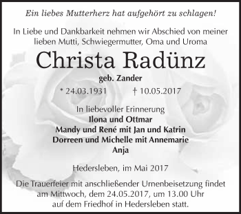 Traueranzeige von Christa Radünz von WVG - Wochenspiegel Quedlinburg