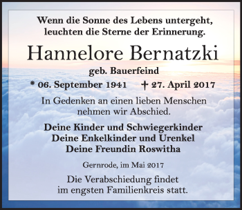 Traueranzeige von Hannelore Bernatzki von Mitteldeutsche Zeitung Quedlinburg