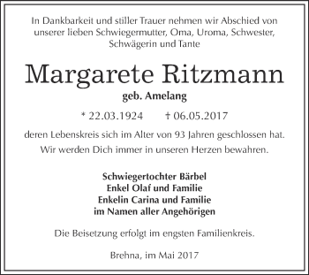 Traueranzeige von Margarete Ritzmann von WVG - Wochenspiegel Bitterfeld