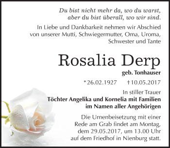 Traueranzeige von Rosalia Derp von Mitteldeutsche Zeitung Bernburg