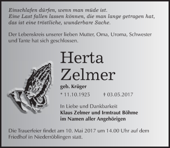 Traueranzeige von Herta Zelmer von Mitteldeutsche Zeitung Sangerhausen