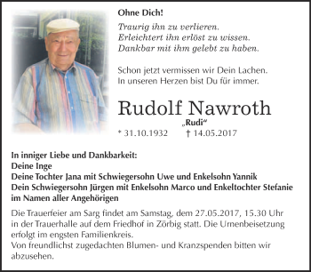 Traueranzeige von Rudolf Nawroth von WVG - Wochenspiegel Bitterfeld