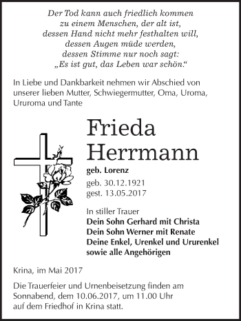 Traueranzeige von Frieda Herrmann von WVG - Wochenspiegel Bitterfeld