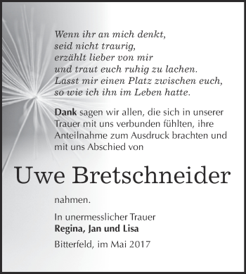 Traueranzeige von Uwe Bretschneider von WVG - Wochenspiegel Bitterfeld
