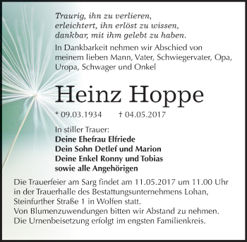 Traueranzeige von Heinz Hoppe von Mitteldeutsche Zeitung Bitterfeld