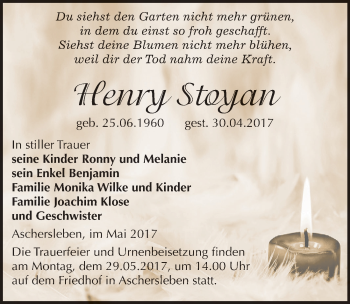 Traueranzeige von Henry Stoyan von Mitteldeutsche Zeitung Aschersleben