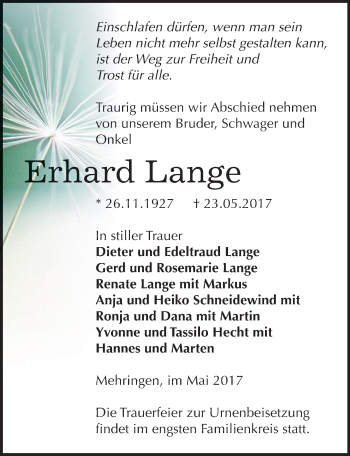 Traueranzeige von Erhard Lange von Mitteldeutsche Zeitung Aschersleben